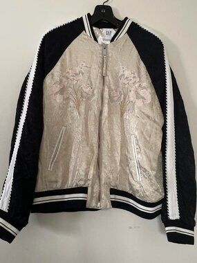 Gap Embroidered Satin Bomber Jacket Womens XL Cream Floral Coquette Balletcore